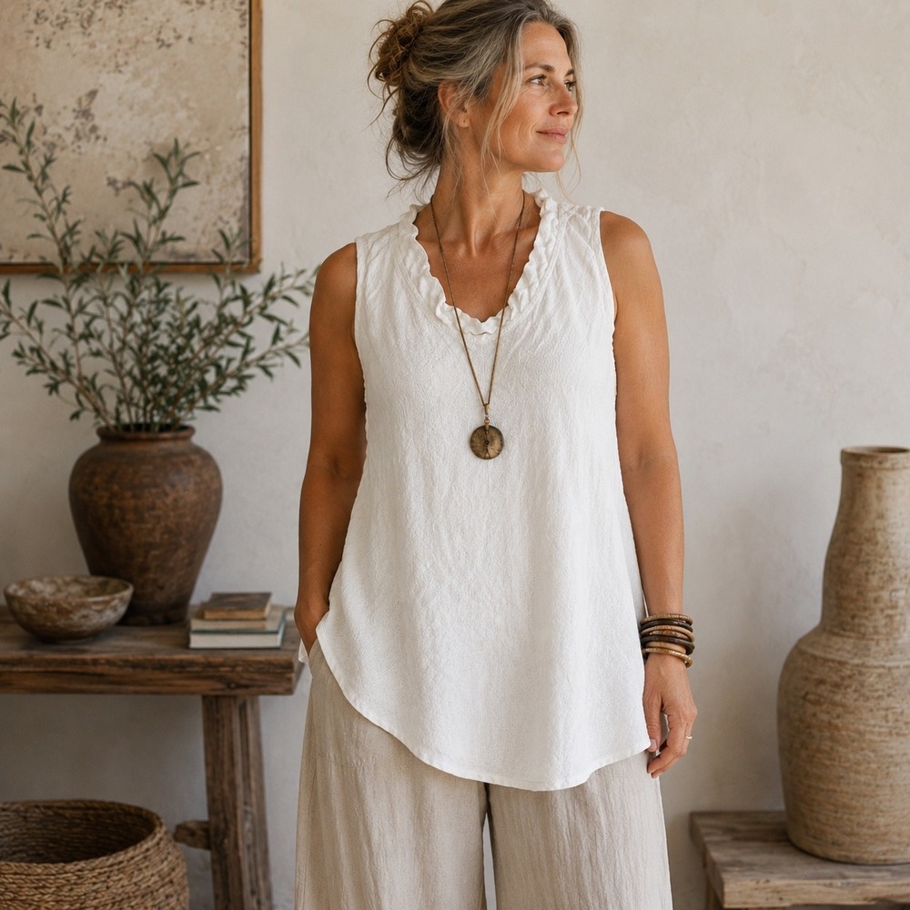 FLAX Linen Tunic Top Women's Medium Ivory  Sleeveless Lagenlook Coastal Neutral